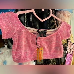 24HRS Y2k PINK GLITTER CROP TOP Short Sleeve XS NWT Barbiecore Kawaii Rave Club